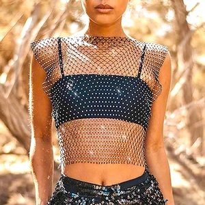 Rhinestone Detail Sheer Mesh Tank Top